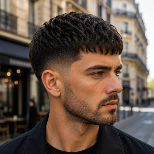 Middle Eastern male model with French Crop Low Taper and short beard, sharp fringe and clean sides.