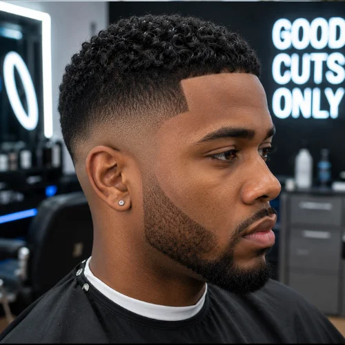 African American male model with French Crop Low Taper with Skin Fade, sharp faded sides and cropped top.