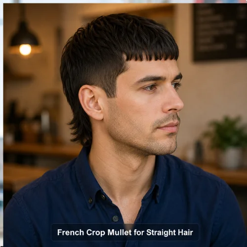 French crop mullet straight hair with clean sides and neat back