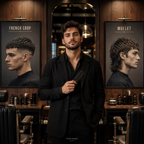 Barber standing between French crop and mullet haircut reference posters