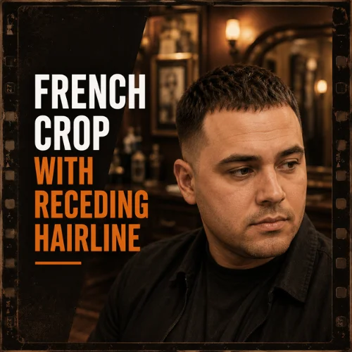 French crop haircut for receding hairline men with soft fringe covering front and clean fade sides
