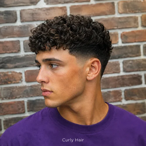 Curly French crop taper fade with natural curls on top and faded sides