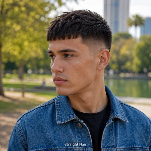 French crop taper fade for straight hair with sharp fringe and smooth sides