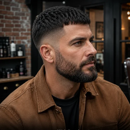 French crop taper fade with beard and smooth sideburn blend