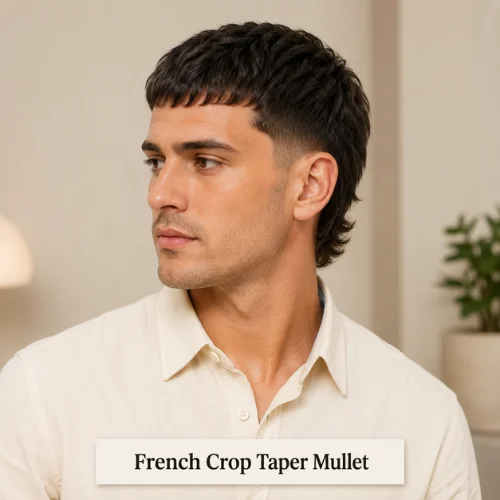 French crop taper mullet with cropped fringe, soft taper sides, and controlled back