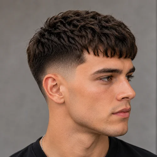 British male model with French Crop Top Low Taper hairstyle, longer textured top and clean low taper sides.