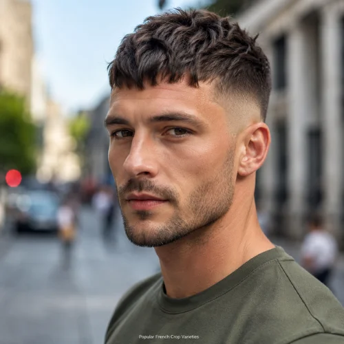 Stylish textured French crop haircut with faded sides