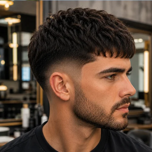 Side-by-side comparison of French Crop Low Taper and Low Taper Fade French Crop hairstyles on two male models.