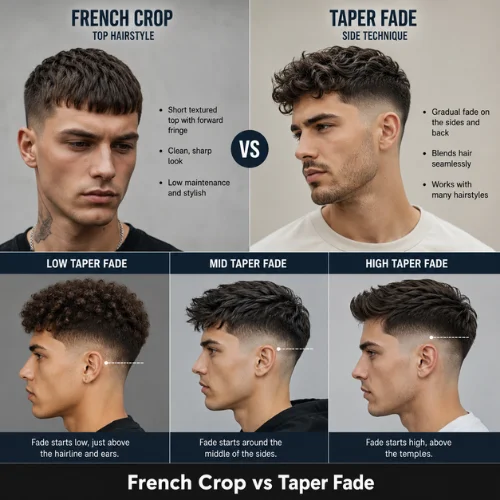 French crop vs taper fade comparison showing top hairstyle and low mid high taper fade differences