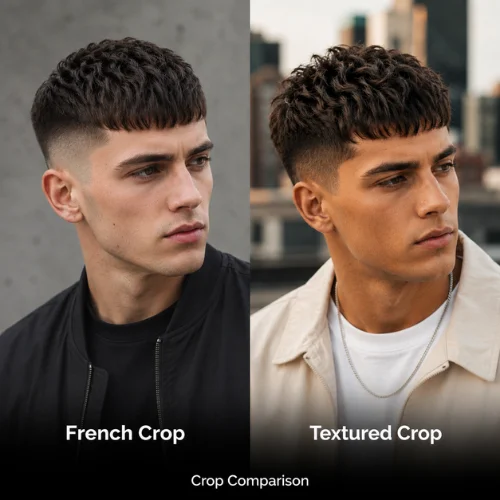 French crop vs textured crop haircut showing textured top and forward fringe