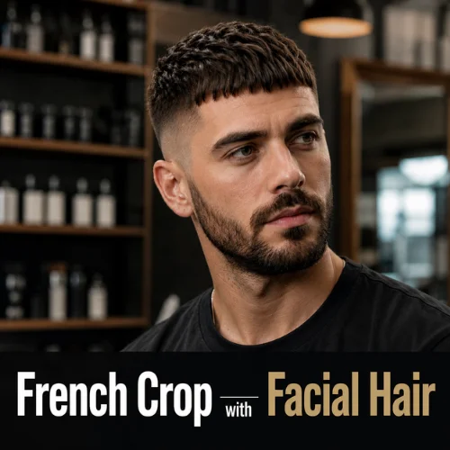 French crop haircut with beard showing sharp fade, textured top, and modern men’s grooming style with facial hair combination