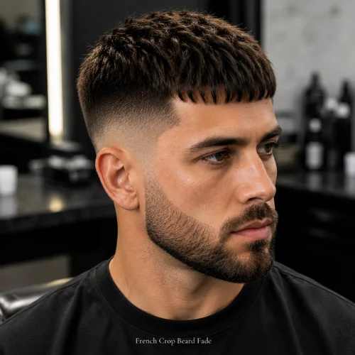 French crop beard fade with clean side fade blended into short beard