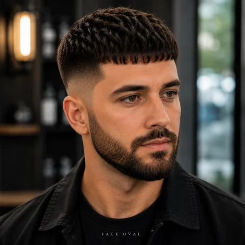 French crop fade with short, boxed beard for oval face shape