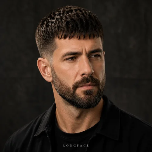 French crop hairstyle with medium beard for rectangle face shape and balanced proportions