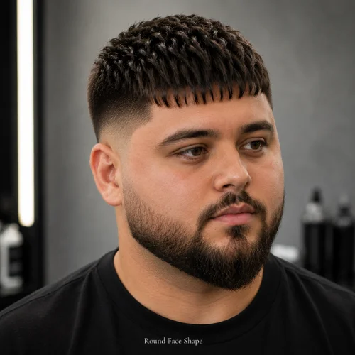 French crop with beard for round face shape with tight sides and longer chin beard