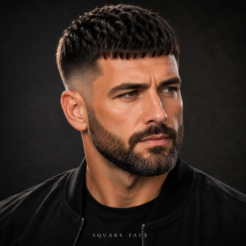 French crop haircut with beard for square face shape highlighting strong jawline and clean fade