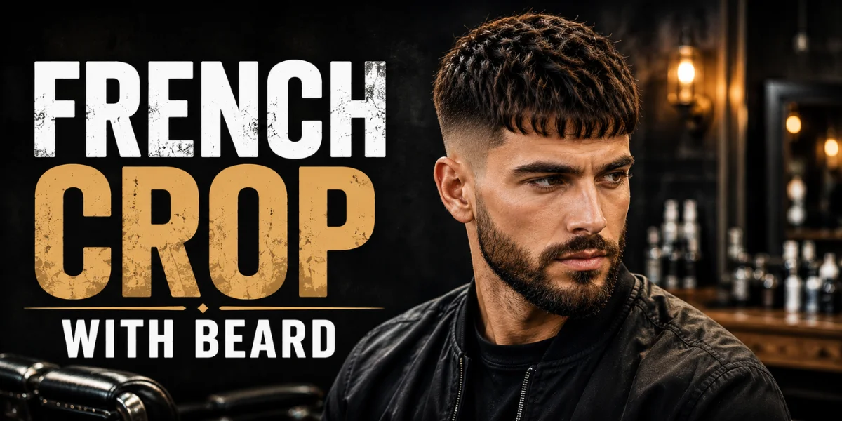 French crop with beard hairstyle on a stylish male model with textured fringe and clean faded sides