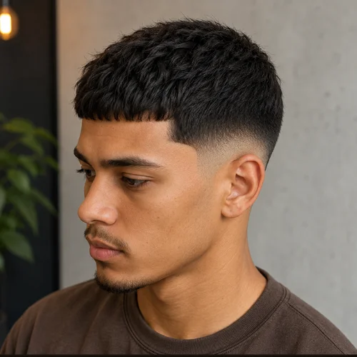 Young man showcasing French Crop Low Taper Fade hairstyle, faded sides blending into short textured top.
