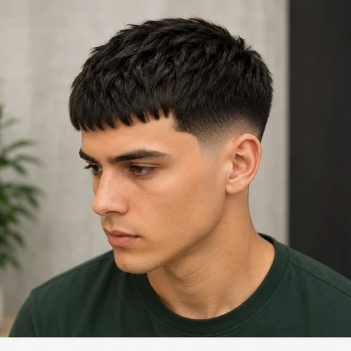 Straight hair French Crop Low Taper, structured fringe with clean sides, polished and neat style.