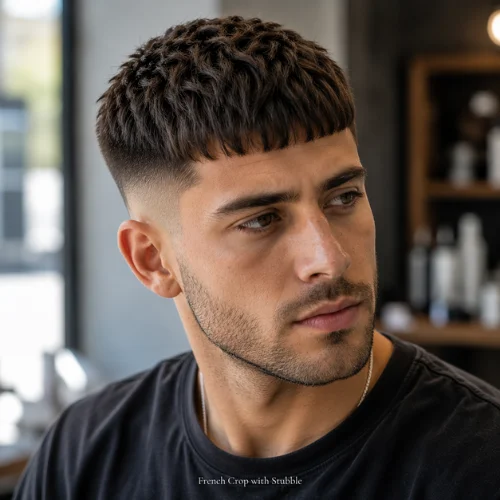 French crop with stubble on a young male model with textured top and low faded sides