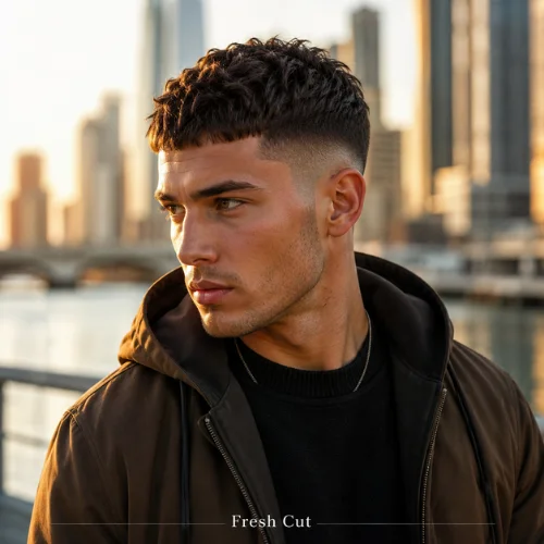 Fresh French crop taper fade haircut after barbershop visit with clean sides