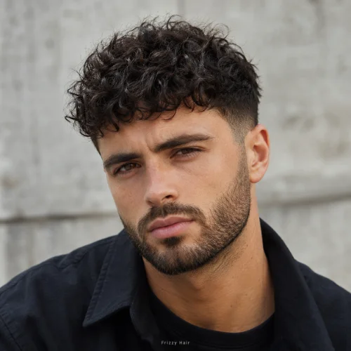 Frizzy Curly French crop with short, shaped beard and neat faded sides on a male model