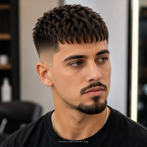 French crop haircut with neat goatee showing sharp chin and mouth area