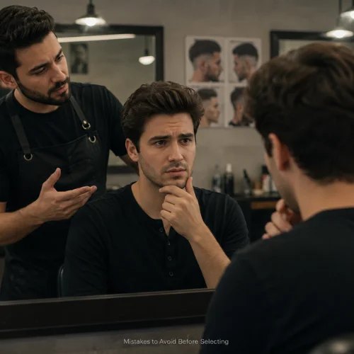 Man thinking carefully before choosing a haircut in a barbershop mirror