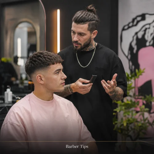 Barber consultation for French crop taper fade haircut with textured top