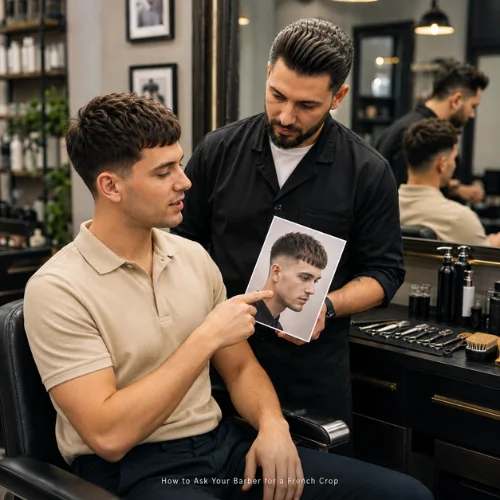 Client showing French crop haircut reference photo to a barber