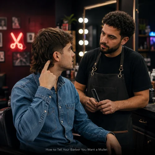 Client discussing a modern mullet haircut with a barber