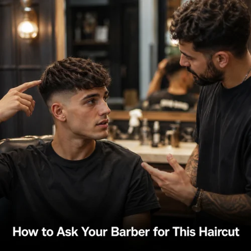 Man asking barber for a textured French crop mid fade haircut with choppy top and smooth blended fade
