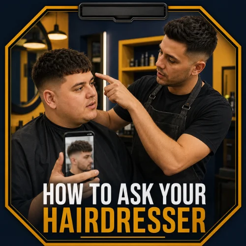 How to ask barber for French crop haircut round face men showing consultation and hairstyle reference