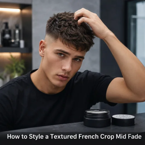 Man styling a textured French crop mid fade haircut with fingers and matte hair product