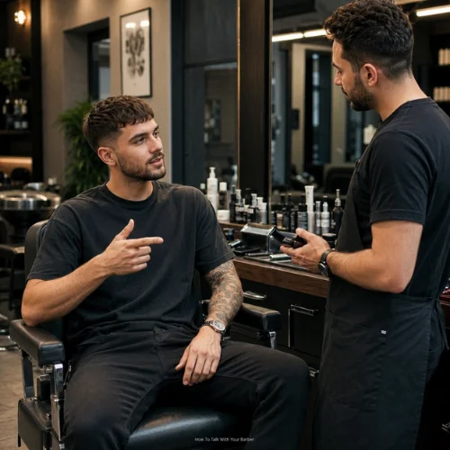 Man sitting in a barber chair discussing messy French crop and textured crop haircut with barber