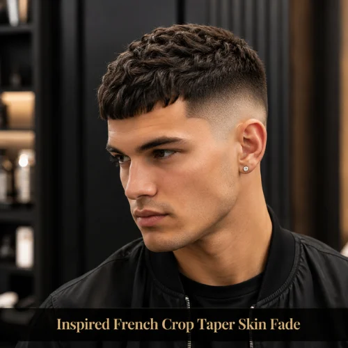 Inspired French crop taper skin fade haircut with sharp short sides and textured fringe