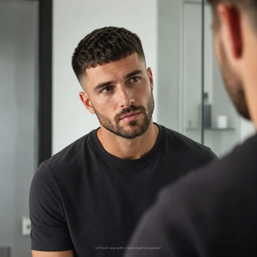 Man with low-maintenance French crop and short beard looking in mirror with clean faded sides