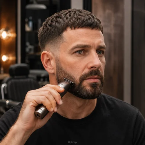 Man maintaining French crop with beard using a trimmer in a modern barbershop