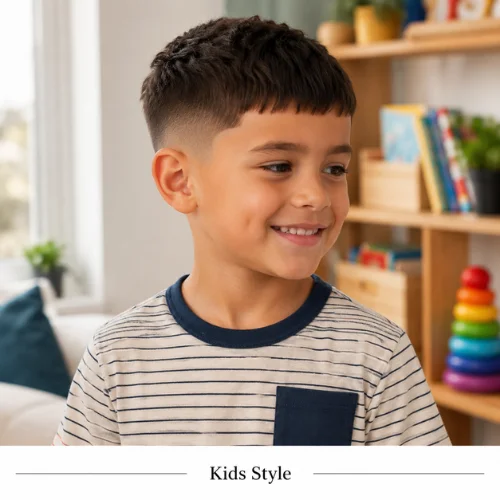 Kids French crop taper fade haircut with neat short top and soft low taper