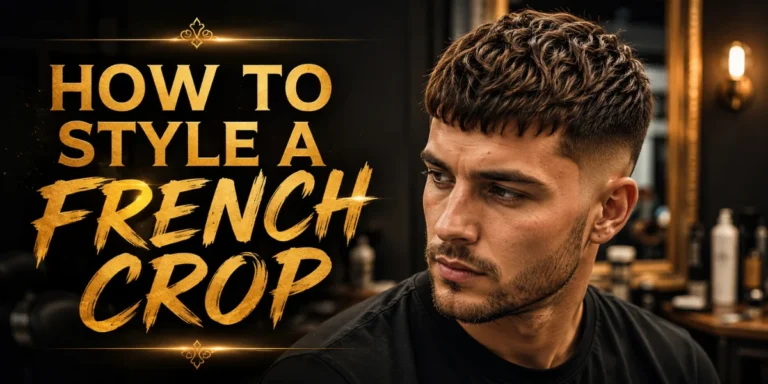 Stylish young man with a textured French crop haircut and low fade in a modern barbershop, alongside the headline "How to Style a French Crop."