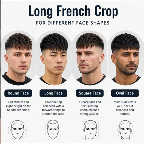 Infographic comparing Long French Crop hairstyles for round, long, square, and oval face shapes, showing how texture, fringe, and fade variations complement different facial structures.