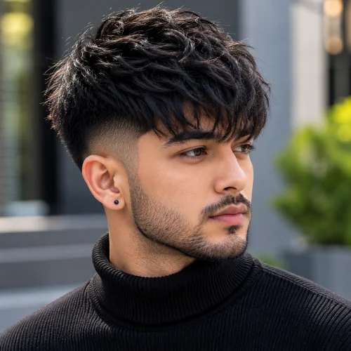 South Asian man with a long French crop fringe haircut featuring a textured fringe naturally falling across the forehead.