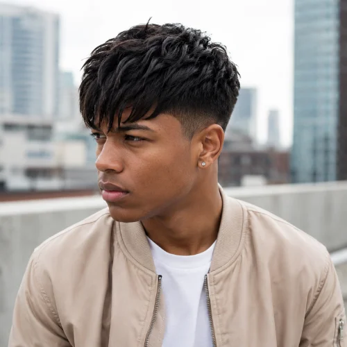 White American man with a longer French crop haircut featuring extra length on top, natural movement, and a textured fringe.