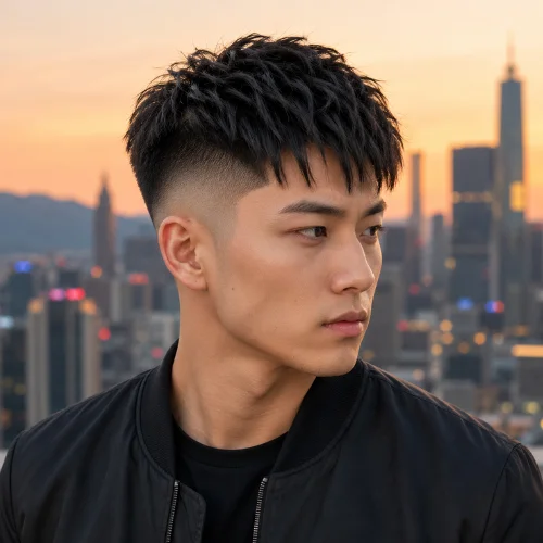 East Asian man with a long French crop high fade haircut featuring a textured top and high fade contrast.