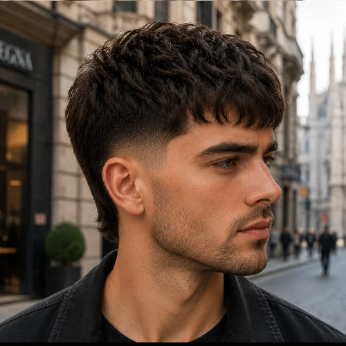 Italian male model with Long French Crop Low Taper, longer top hair, soft fringe, and clean tapered sides.