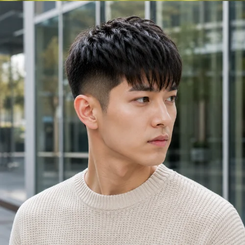 Korean man with a long French crop haircut on straight hair featuring a structured fringe and smooth texture.