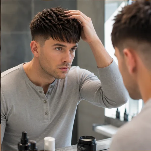 Young White man with a well-maintained long French crop haircut styling his textured fringe in a modern bathroom, showcasing a clean and easy-to-maintain men's hairstyle.