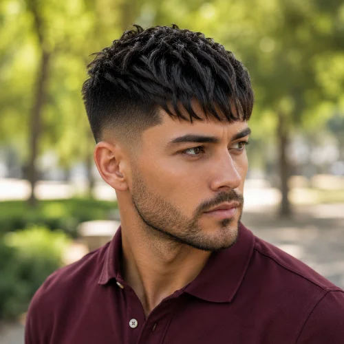 Latino man with a long French crop taper fade haircut featuring soft tapering, textured hair, and clean haircut lines.