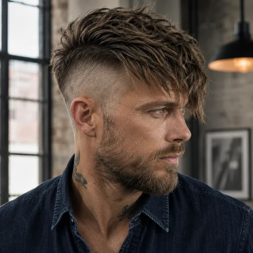 Scandinavian man with a long French crop undercut haircut featuring a dramatic undercut and textured top.