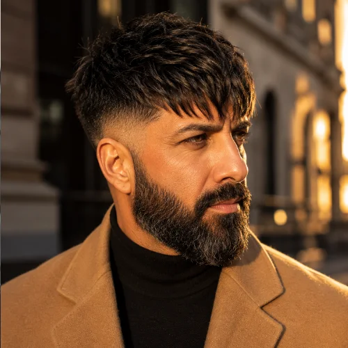 Middle Eastern man with a long French crop haircut and a full beard featuring a textured top, neat fringe, and clean sides.